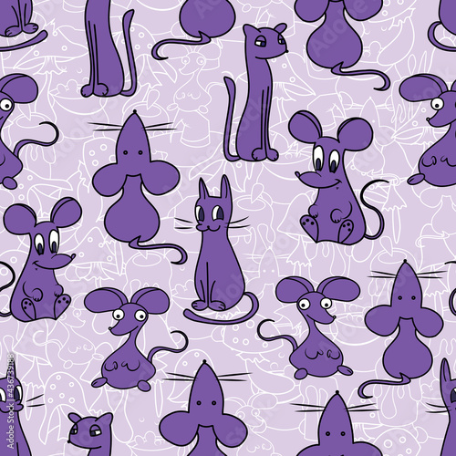 Magic cats and mice purple seamless design