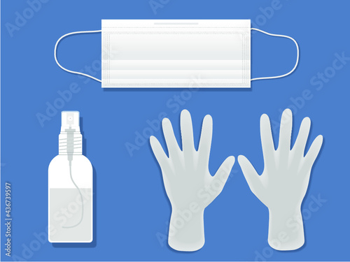 Kit covid 19. Banner with mask, spray with alcohol gel and white gloves.