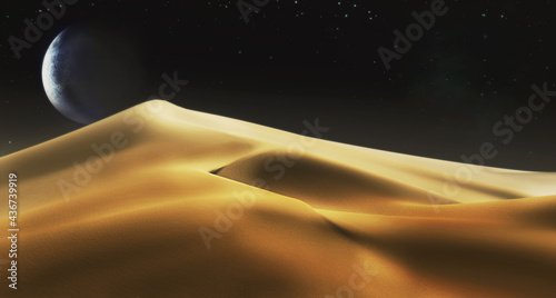 Sand dunes in a desert 3D illustration night landscape with a fantasy moon