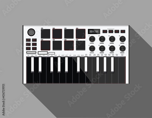 Midi keyboard. Realistic little synths. Analog sound illustration. Electronic music controller. USB equipment. 25key. Professional musical instruments. Synthesizers set. Picture for T-shirts.