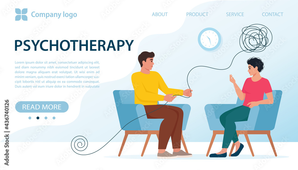 Psychotherapy, mental problem or depression treatment concept. Sad, unhappy woman talking with psychologist, he is helping she to cope with a stressful situation. Flat design vector illustration