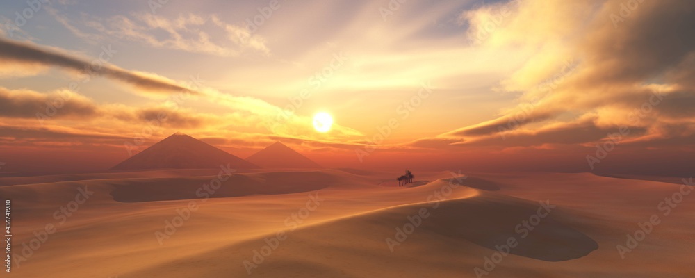 Panorama of desert sand at sunset, 3D rendering