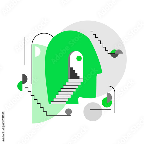 Human head icon with abstract geometric architecture as symbol of thinking processes. Concept of mental health, psychotherapy, philosophy in contemporary style. Vector illustration of inner world