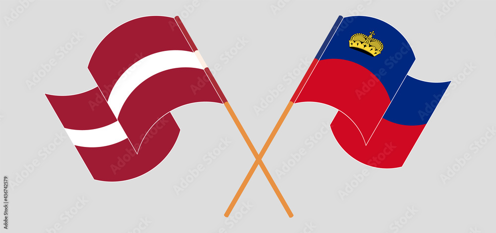 Crossed and waving flags of Latvia and Liechtenstein Crossed and waving flags of Latvia and Liechtenstein