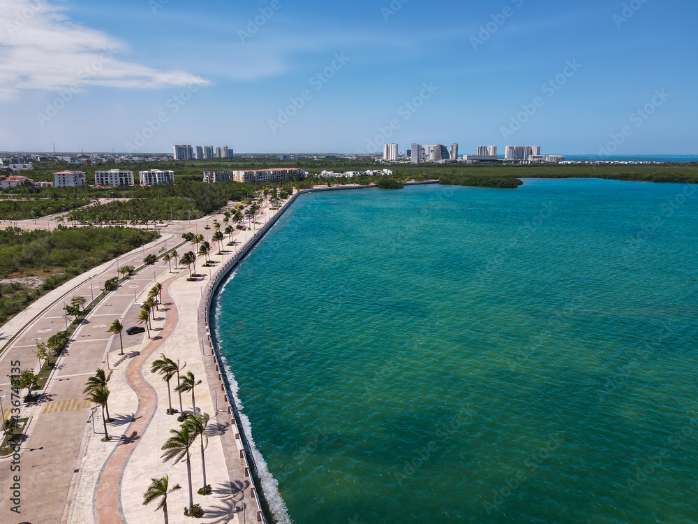 Aerial view of Malecon Tajamar in Cancun, Mexico