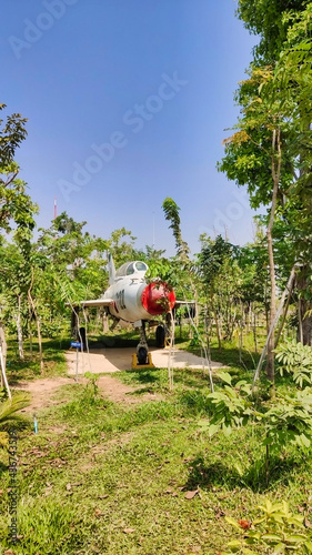 Mikoyan-Gurevich MiG-15 in the jungle of Сambodia. Tropical trees and old soviet plane. Phnom Penh. Asia 