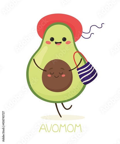 Pregnant and happy avocado mom in summer clothes. Vector illustration.