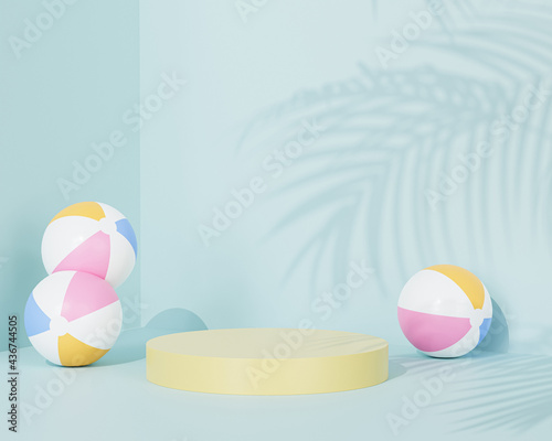 Yellow podium or pedestal for products or advertising on pastel blue background with beach balls, minimal 3d render
