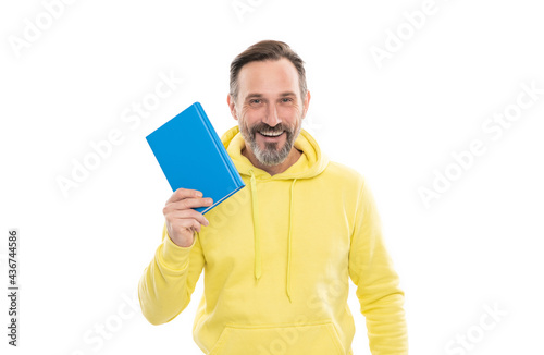 literature education. mature happy man with beard hold notebook. smiling senior guy with notepad