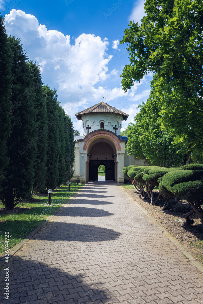 Serbian Orthodox Monastery with cloudy sky. Big Orthodox Monastery in Serbia.