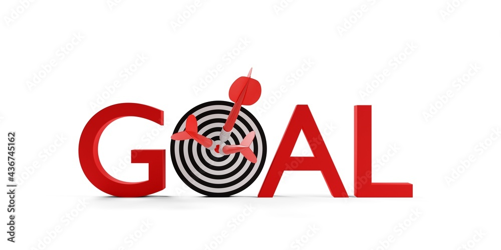 Three dart arrows hitting center of goal target on the word goal over white background, success, goal achievement or performance concept Three dart arrows hitting center of goal target on the word goal over white background, success, goal achievement or performance concept