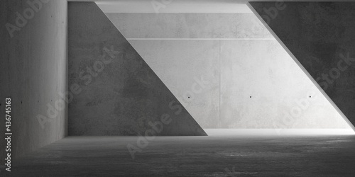 Abstract empty, modern concrete room with indirect lighting from side with diagonal walls and rough floor - industrial interior background template