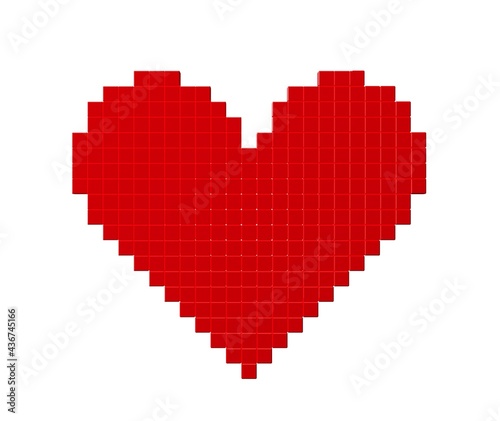 Pixelated red heart symbol made from cubes isolated on white background, video game style love symbol or concept