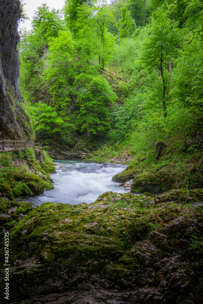 Wooden road above flowing river in a Slovenian gorge.