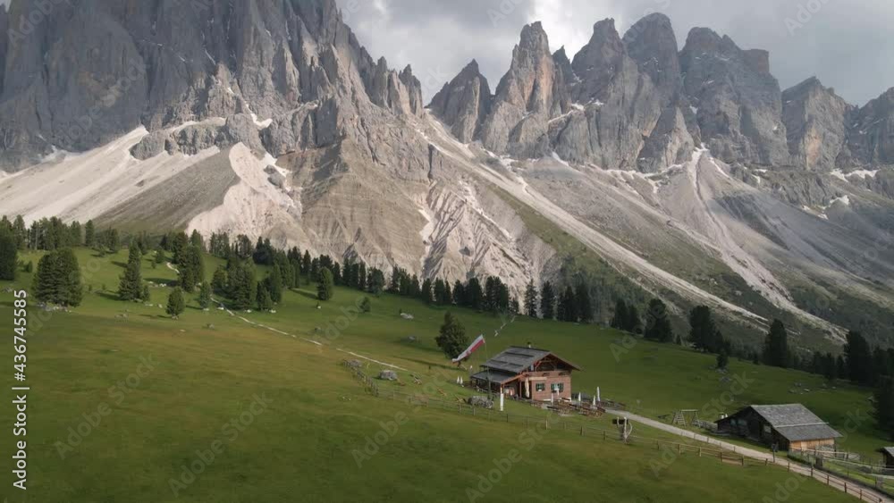 Reverse Aerial of Furchetta Peak and Sass Rigais Mountain Range, Dolomites Reverse Aerial of Furchetta Peak and Sass Rigais Mountain Range, Dolomites