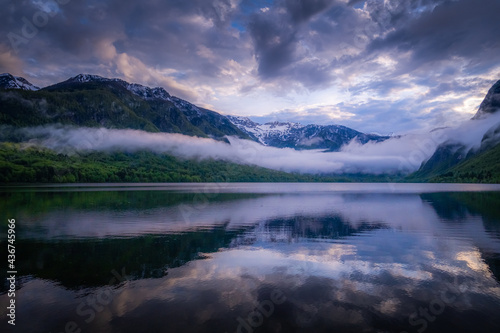 Foggy sunset at the Bohinj Lake in Slovenia.