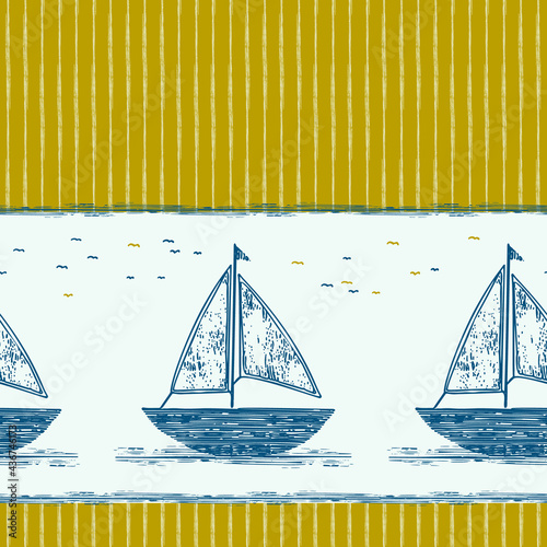 Coastal sail boat drawn seamless pattern. Marine 2 tone yacht ship printed background for interior textiles and modern trendy fashion. Maritime travel all over design vector repeat.
