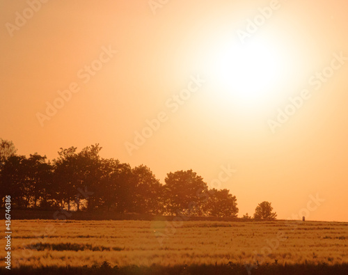 Sunbeams sunset over a field in romantic orange near Kreuzau in Dueren Germany