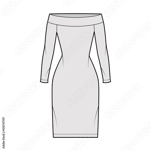 Dress off-the-shoulder Bardot technical fashion illustration with long sleeves, fitted body, knee length pencil skirt. Flat apparel front, grey color style. Women, men unisex CAD mockup