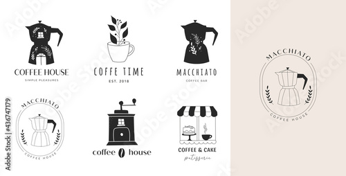 Collection of hand drawn coffee shop, cafes, coffee stores logos with Moka pot, beans grinder and cup 