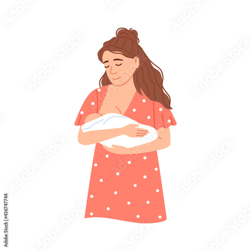 Flat female character with little suckling baby bonding isolated portrait. Breastfeeding mother and newborn sleeping child Infant healthy eating Cartoon natural dairy nutrient food vector illustration