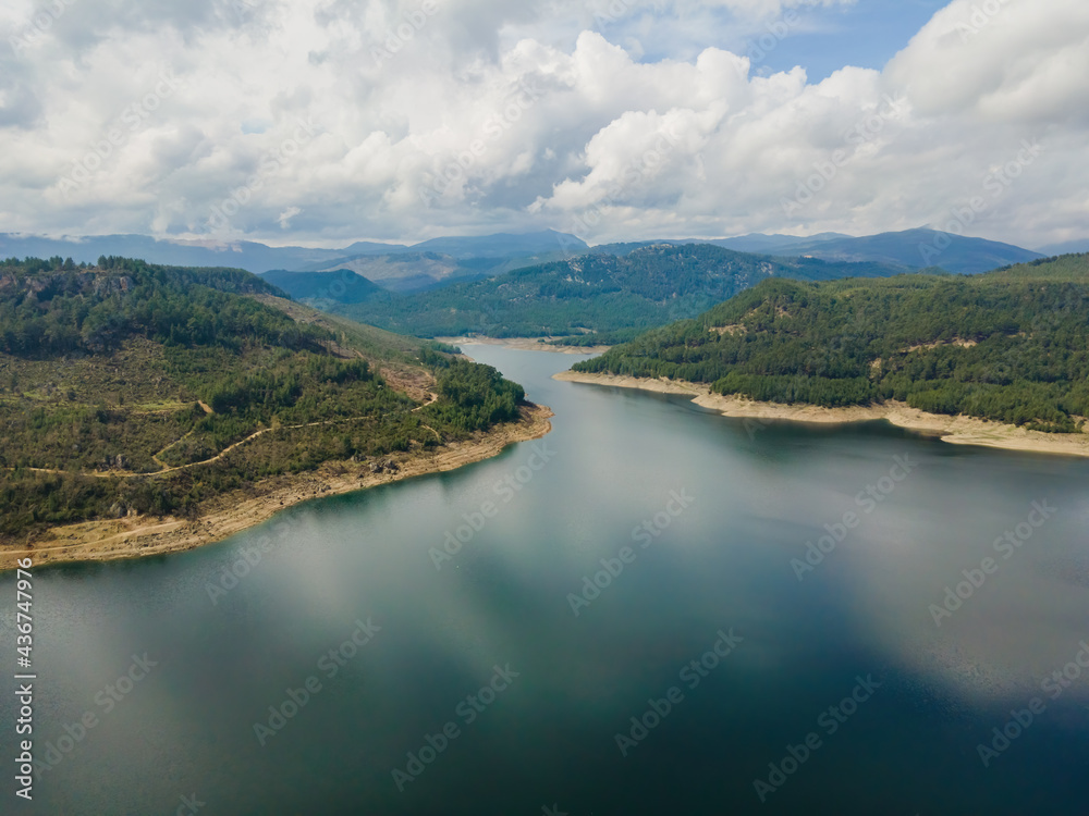 Aerial view of Karacaoren Dam Lake in mountain in Antalya province, Turkey. Tourism lake for fishing of trout