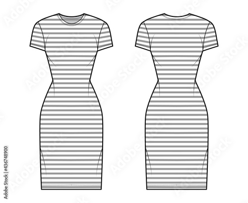 Dress sailor technical fashion illustration with stripes, short sleeves, fitted body, knee length pencil skirt. Flat apparel front, back, white color style. Women, men unisex CAD mockup