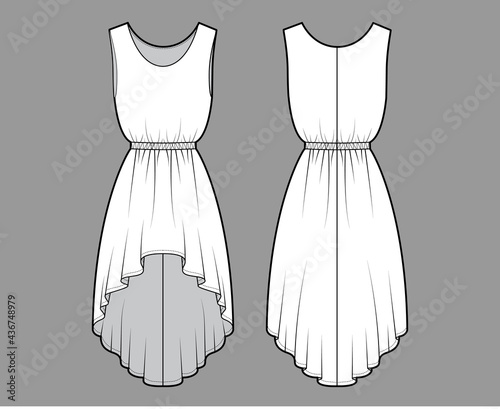 Dress high-low technical fashion illustration with sleeveless, oversized body, natural elastic waistline, circular skirt. Flat apparel front, back, white color style. Women, men unisex CAD mockup