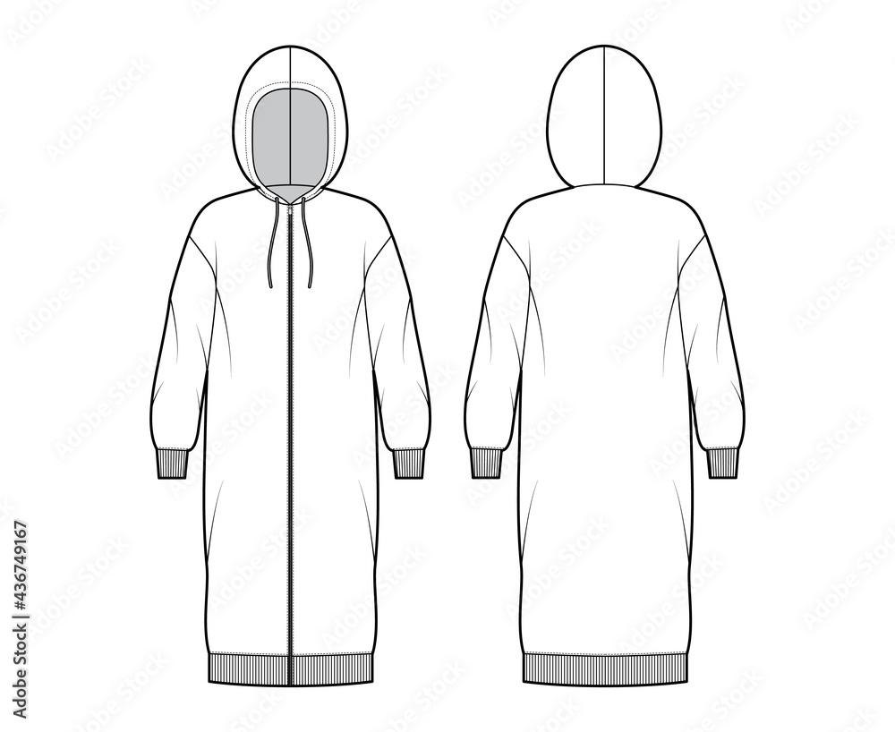 Dress zip-up hoody technical fashion illustration with long sleeves, rib cuff oversized body, knee length skirt. Flat apparel front, back, white color style. Women, men unisex CAD mockup