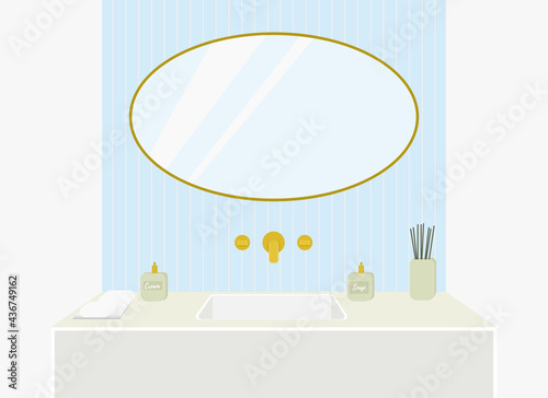 Illustration of a bathroom, washbasin with gold taps, a mirror on a blue wall.