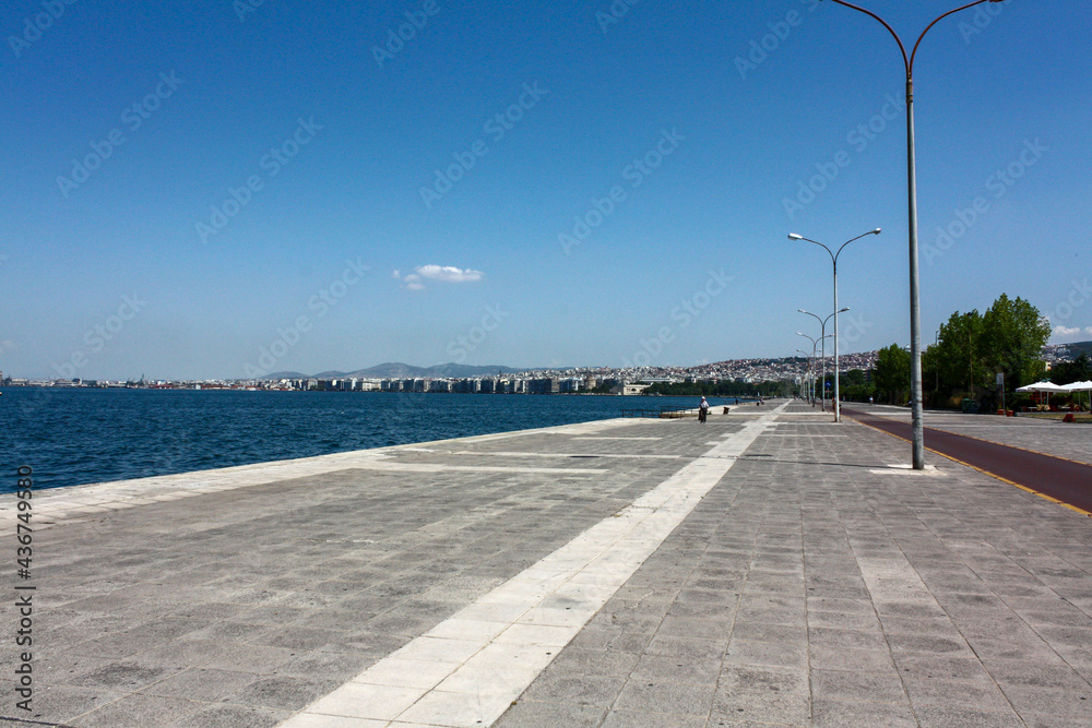 Seashore with a cycle lane in Thessaloniki, Greece. Shot in 2011.
