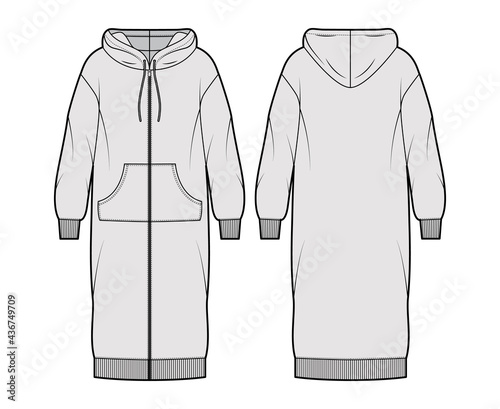 Dress zip-up hoody technical fashion illustration with long sleeves, kangaroo pouch, rib cuff oversized body, knee length skirt. Flat apparel front, back grey color style. Women, men unisex CAD mockup