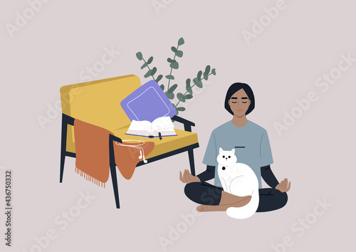 Meditation at home, a young female character sitting on the floor in the living room with a cat on their lap