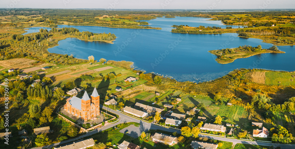 Ikazn, Braslaw District, Vitebsk Voblast, Belarus. Aerial View Of Church of the Body of God