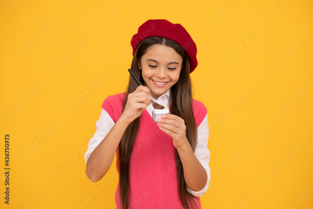 kid cosmetology. smiling child in beret use cosmetics. natural female skin beauty. kid cosmetology. smiling child in beret use cosmetics. natural female skin beauty.