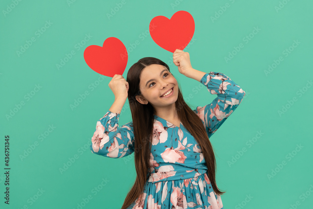 cheerful teen girl hold red heart symbol of love for valentines day, valentines day cheerful teen girl hold red heart symbol of love for valentines day, valentines day
