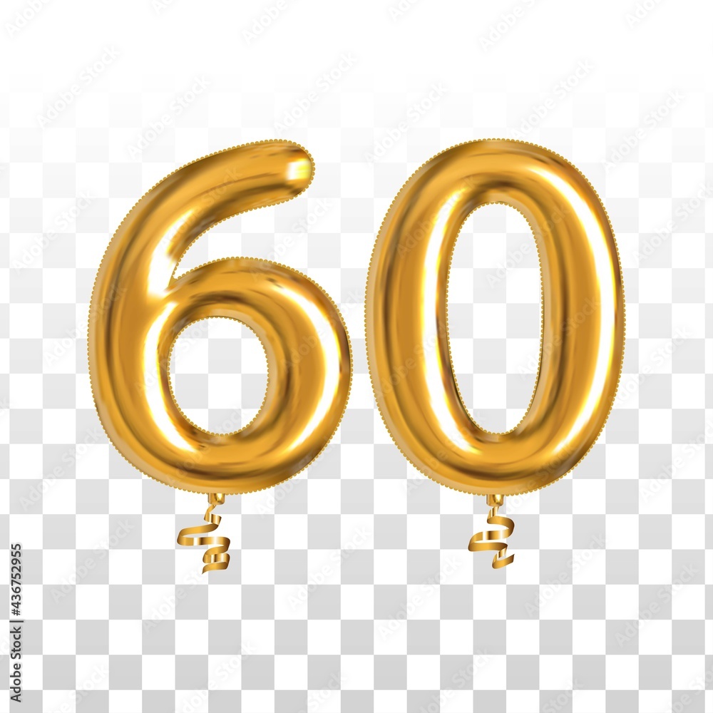 Vector realistic isolated golden balloon number of 60 for invitation decoration on the transparent background. - obrazy, fototapety, plakaty 