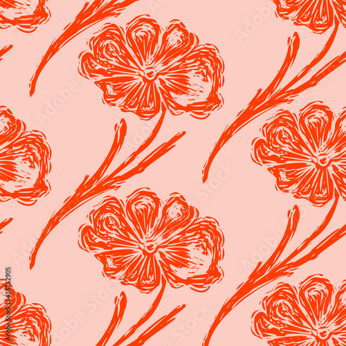Coastal drawn floral block print seamless pattern. Marine 2 tone flower sketch printed background for interior textiles and modern trendy maritime fashion.  Bloom all over design vector repeat.
