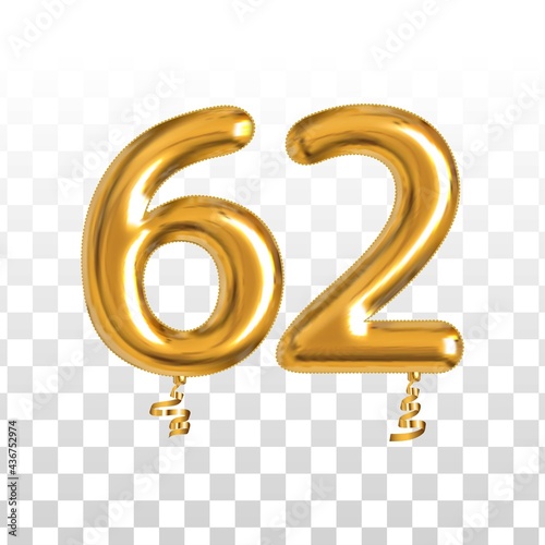 Vector realistic isolated golden balloon number of 62 for invitation decoration on the transparent background.