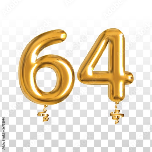 Vector realistic isolated golden balloon number of 64 for invitation decoration on the transparent background. photo
