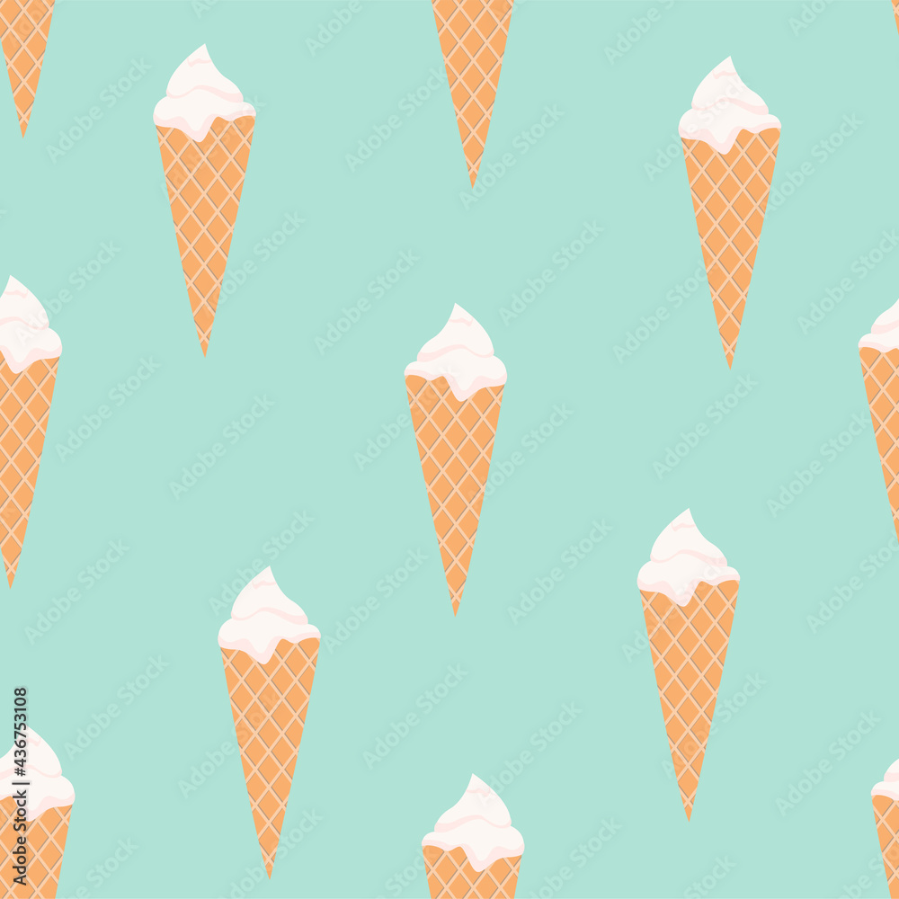 Vector seamless pattern with waffle cones Flat design Classic vanilla ice cream on turquoise background
