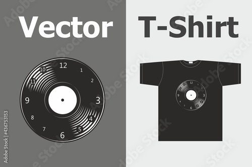 Images of a vinyl record for a t-shirt in vector. Old school theme. Illustrations of night clubs. dj, record, scratches. Legendary turntable. Changeable picture. An expression tool in clothes.