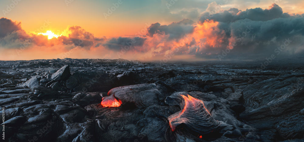 Lava Field under sunset clouds on background - obrazy, fototapety, plakaty 