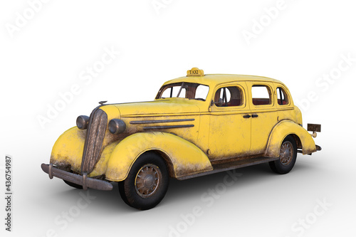 Fotografia, Obraz 3D illustration of an old rusty vintage yellow taxi cab isolated on white