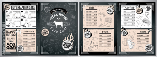 Steakhouse, barbecue grill bar menu template - A3 to A4 card (sides, soups, platters, drinks, desserts, sets)