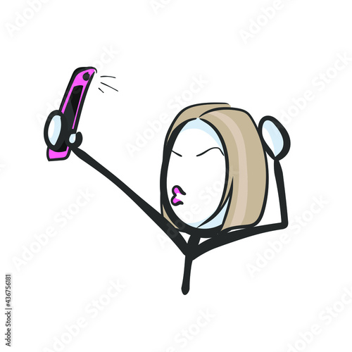 Selfie photo for social media. Vector simple. Phone snap. Stickman no face clipart cartoon. Hand drawn. Doodle sketch, graphic illustration