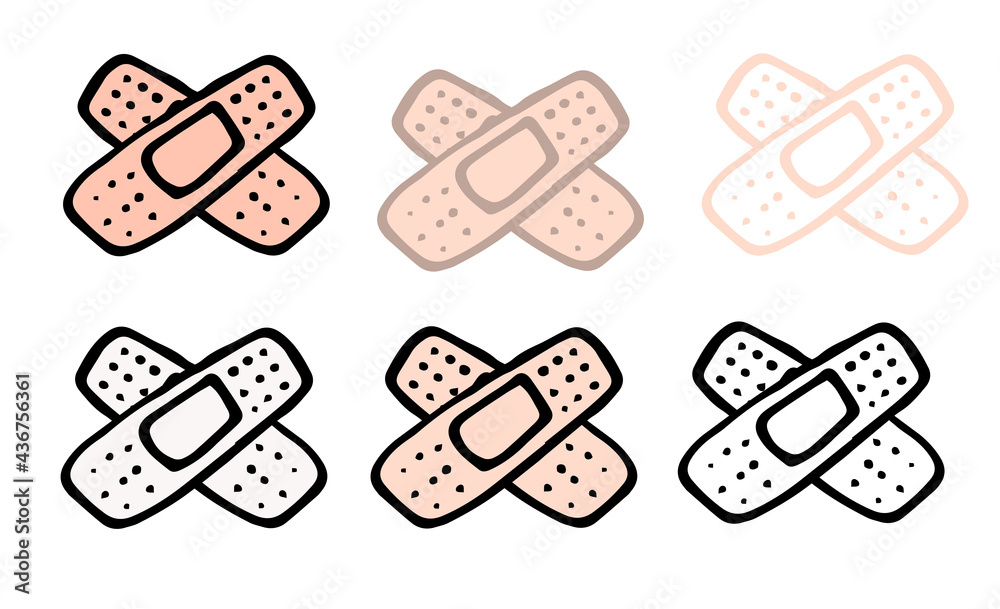 vector set of medical patches stuck on top of each other in different versions. hand-drawn outline of black and flesh-colored cross-on-cross patch used in doodle style, isolated elements on white phon vector set of medical patches stuck on top of each other in different versions. hand-drawn outline of black and flesh-colored cross-on-cross patch used in doodle style, isolated elements on white phon