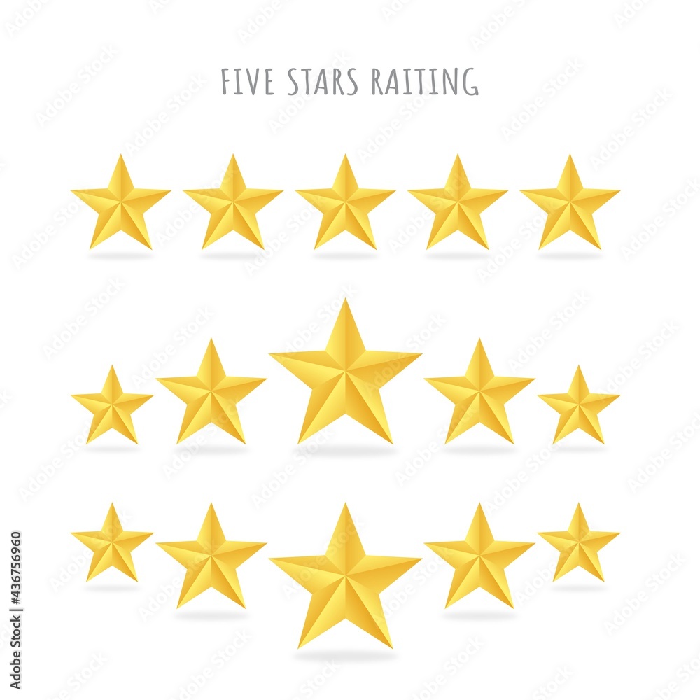 Set of five golden star raiting icons isolated on white background. Set of five golden star raiting icons isolated on white background.