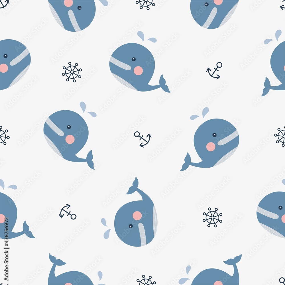 Cute whale and nautical seamless pattern on white background. vector illustration. Cute whale and nautical seamless pattern on white background. vector illustration.