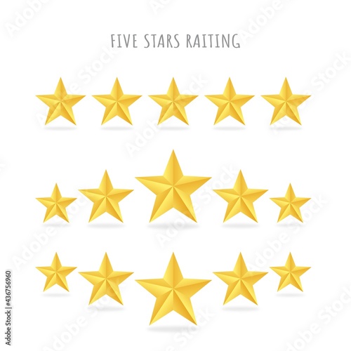 Set of five golden star raiting icons isolated on white background. 